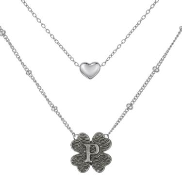 Imagem de MANZHEN Colar feminino com coração e trevo em camadas, inicial A-Z, design decorativo de elos de corrente, joias antigas, 18 Inches, Metal, Sem Pedra Preciosa