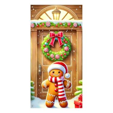 Imagem de Blissyard Capa de porta de Natal para homem de gengibre, 89 x 189 cm, decoração de férias dupla face com guirlanda vermelha e verde, doces de hortelã-pimenta e flocos de neve para decoração de inverno