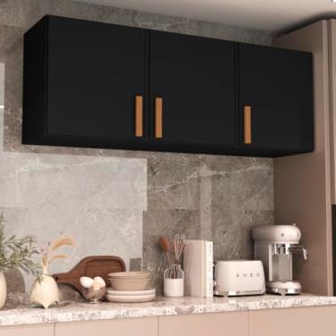 Imagem de Armário Aéreo Versátil 120cm 3 Portas Medusa, Para Cozinha Lavanderia e Parede Cedro/Branco, Suspenso Multiuso com Compartimentos (Preto)