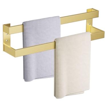 Imagem de TNOMS Toalheiro duplo, toalheiro para banheiro de aço inoxidável montado na parede ferragens de banheiro ouro escovado 61 cm acessórios de banheiro