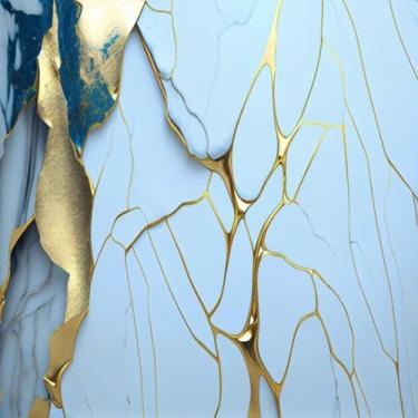 Imagem de Quadro Decorativo Azul e Dourado com Folhagens para Sala e Escritório Estilo Moderno 30x30cm