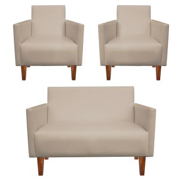 Imagem de Kit Namoradeira 02 Lugares e 02 Poltronas Jade Corino Bege Pes Chanfrado Castanho   M11 - D'Rossi