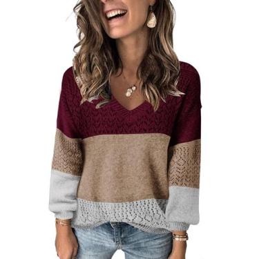 Imagem de Suéter FEKOAFE 2024 Casual Color Block com decote em V para mulheres