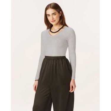 Imagem de Blusa Básica Feminina Gola V Manga Longa Em Algodão - Malwee, Cinza cl