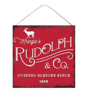 Imagem de Placa de madeira Craig Bachman, 25,4 cm; Placa de Kringle: Rudolph & Co - Placa de pendurar para porta de parede de madeira de Natal do Papai Noel