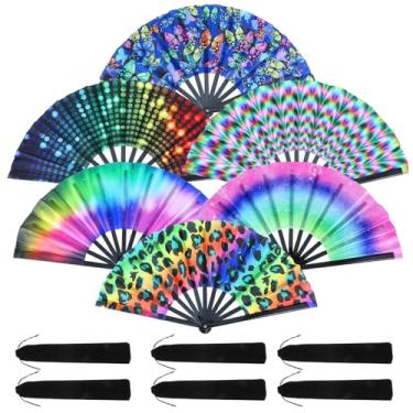 Imagem de Falzqq Conjunto de 6 peças de leques de rave, cores holográficas, dobráveis, leques de rave, para dançar em linha, chinês, japonês, bambu, ventilador, brilho UV, para festivais de música, clube, festa