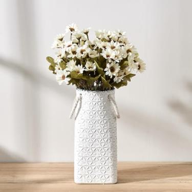 Imagem de Vaseking Vaso elegante branco pequeno, vaso de cerâmica moderna com textura geométrica minimalista de 22 cm com corda para pendurar, sacola criativa para decoração de casa, sala de estar, casamento