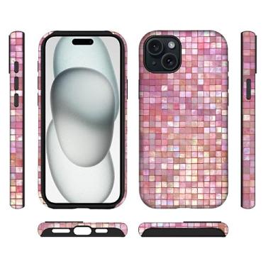 Imagem de ilikediy Capa híbrida para iPhone 15 Plus com 2 camadas rígidas de silicone com padrão de proteção - Mosaico rosa