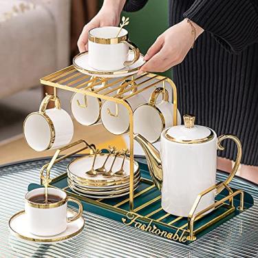 Imagem de Conjunto de 6 chávenas de chá e pires de bule de chá com bandeja, bule de cerâmica conjunto de xícaras de café para beber chá com leite e água