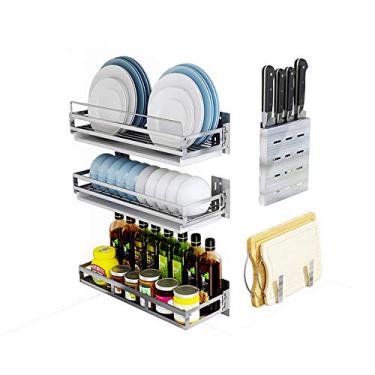 Imagem de BSNANCA Escorredor de pratos de 3 camadas montado na parede sobre a pia escorredor de pratos/suporte de temperos, escorredor de pratos para cozinha com suporte de tábua de corte, durável.