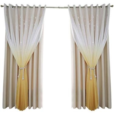 Imagem de Cortina blackout de camada dupla com estrelas abertas, cortinas blackout de voile transparente, cortina de renda para quarto de meninas, com sobreposição de tule, cortina de dois andares para sala de
