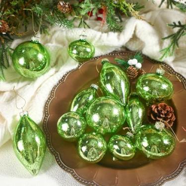 Imagem de Soulchen Conjunto de 12 peças de enfeites de bola de Natal de vidro de mercúrio com glitter verde claro para decoração de árvore de Natal, lâmpadas de vidro penduradas para árvores e festas de