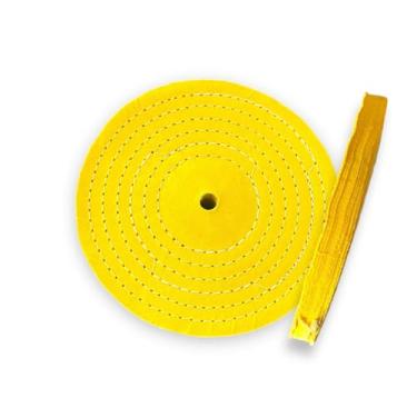 Imagem de CM POLIMENTO, Roda Algodão Resinado Amarelo 20cm - Alto Brilho Metais Aluminio Inox Faca Ferramentas Roda Tanque