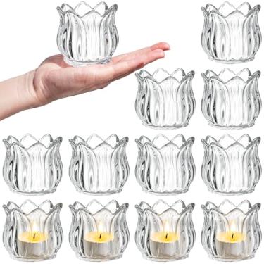 Imagem de Elsjoy Conjunto de 12 castiçais votivos de vidro tulipa, castiçais decorativos de luz de chá, suporte de vela de flor de vidro cristalino para centros de mesa, decoração de casamento