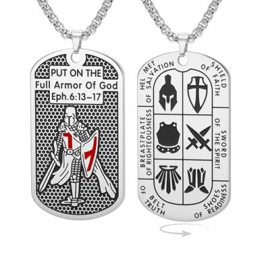 Imagem de Colar de cavaleiros templários cruzados para homens Efésios 6:16-17 Armadura de Deus Cruz Jerusalém pingente de etiqueta de cachorro medalha de santo amuleto religião joia católica cristã, Medium, Aço