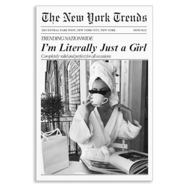 Imagem de Arte de parede em tela de jornal, citação engraçada I'm Literally Just A Girl, decoração de parede de banheiro feminino preto e branco, vintage, elegante, glamour, toalha, envoltório, garota
