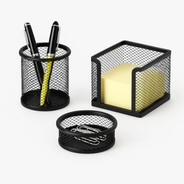 Imagem de Conjunto Organizador de Mesa Preto 3 Peças em Metal – Acessórios para Escritório Porta Recados, Porta Canetas e Porta Clipes