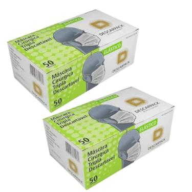 Imagem de Kit Com 100 Máscaras Tripla Descartável Descarpack | Com Elástico | Branca | 2 Caixinhas