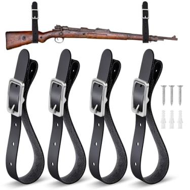 Imagem de Vercraft 4 peças de suporte de suporte de parede ajustáveis de couro para rifle, espingarda, machado, machado, espada e ferramentas, decoração de caça com parafusos e parafusos de expansão (preto)