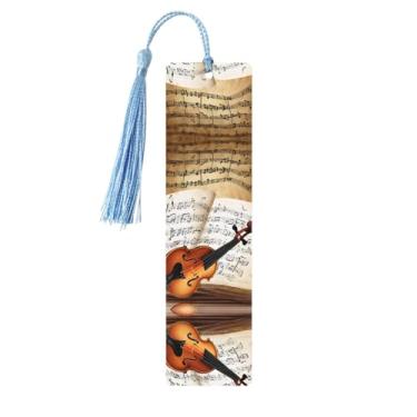 Imagem de Borboleta e violoncelo – Conjunto de 5 peças de madeira com borlas, madeira natural para livros e diários, presente para amantes de livros.