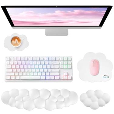 Imagem de Sushret Cloud Apoio de Pulso para Teclado de Computador, Conjunto 4 em 1 com Espuma de Memória e Couro, Mouse Pad com Suporte Ergonômico para Braço e Palma, Ideal para Jogos e Trabalho