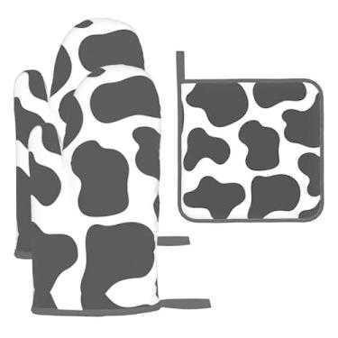 Imagem de Cow Stria – Conjunto de cozinha essencial com 3 peças, luvas resistentes ao calor e alça de tampa, proteção para churrasco no forno, design de armazenamento suspenso.