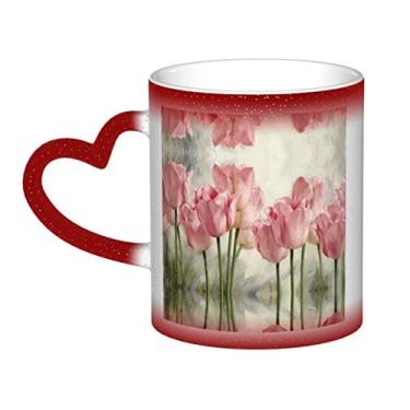 Imagem de Copo de café divertido de tulipas rosa, copo de cerâmica com mudança de cor sensível ao calor 12 Oz, para café/chá/leite/cacau, para adolescente/aniversário/festival/presentes