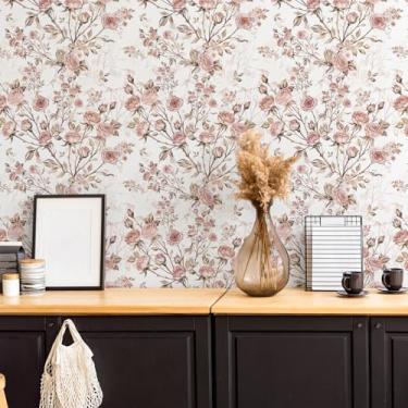 Imagem de FANCYEASY Papel de parede rosa floral rosa cola e descascar papel de parede rosa vintage descascar e colar papel de parede autoadesivo removível flor mural floral contato papel para armários rolos de