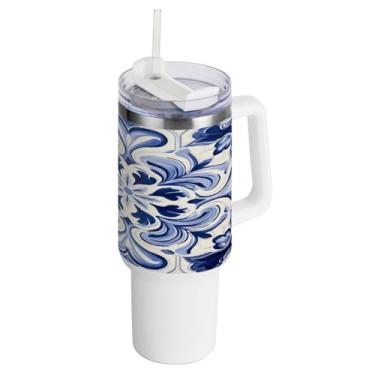 Imagem de Kigai Copo de 1,134 g com tampa e canudo, azulejos de cerâmica estilo mexicano, à prova de vazamento, durável, copo isolado de aço inoxidável com alça, garrafas de água à prova de derramamento para