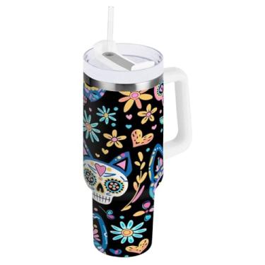 Imagem de Kigai Copo de caveira fofo de 1,134 g com tampa e canudo, copo isolado de aço inoxidável durável à prova de vazamento com alça, garrafas de água à prova de derramamento para viagens