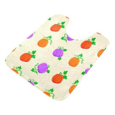 Imagem de Burbuja Tapete de banheiro laranja roxo abóboras, tapete de banho absorvente de pelúcia macio, base de vaso sanitário antiderrapante para piso de banheiro, oval em forma de U