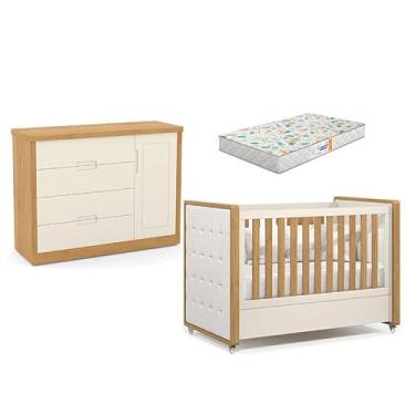 Imagem de Berço Americano com Capitonê New Boucle e Cômoda Infantil Tutto New Freijó Off White e Colchão Gazin - Matic