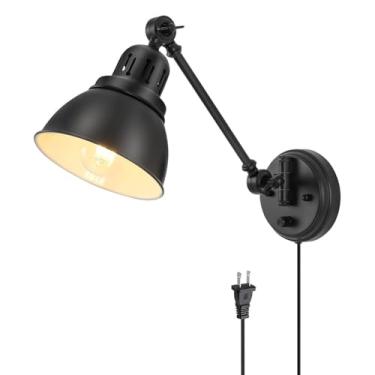 Imagem de Luminária de parede giratória preta com interruptor e plugue, luminária de parede interna ajustável estilo retrô industrial para cabeceira, com cabo, arandela giratória para quarto com soque
