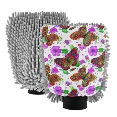 Imagem de STAYTOP Lindas luvas de lavagem de carro borboleta estilo mandala, 2 peças, luvas de microfibra de chenille, sem arranhões, panos de esponja de lavagem ultra absorventes para carros, limpeza doméstica