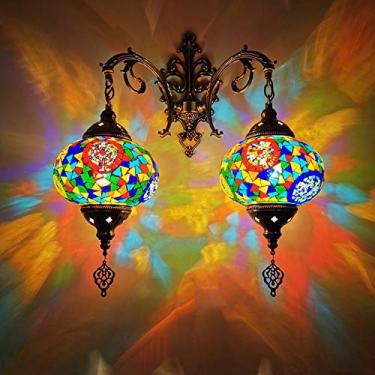 Imagem de Luminária de parede turca com 2 lâmpadas, estilo mosaico marroquino, arandela boêmia tradicional para cabeceira, ideal para sala de estar, quarto, corredor, varanda, café ou bar.
