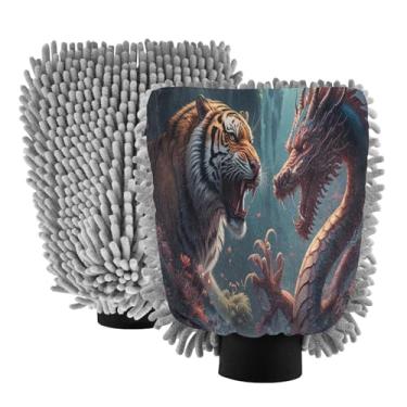 Imagem de STAYTOP Luvas de lavagem de carro tigre e dragão, 2 peças, luvas de microfibra de chenille, sem arranhões, panos de esponja de lavagem ultra absorventes para carros, limpeza doméstica - M
