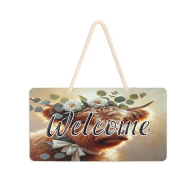 Imagem de Burbuja Placa de boas-vindas com coroa de flores brancas de vacas para porta da frente, placa de boas-vindas de PVC para decoração de férias, 15 x 28 cm