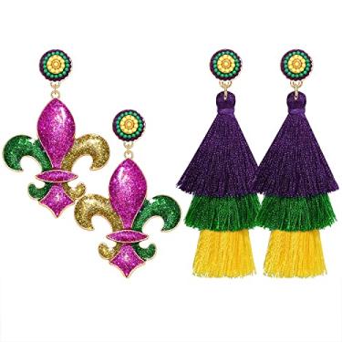 Imagem de 2 pares de brincos de carnaval para mulheres, máscara de glíter, mardi gras, brincos de flor de lis, pingente de borla, gordura, terça-feira, carnaval, desfile, joias, presentes, Metal, não sabe