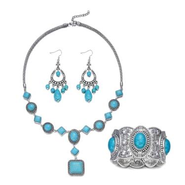 Imagem de RINHOO FRIENDSHIP Conjunto de 3 peças de joias boêmias turquesa para mulheres - Colar vintage ocidental brincos pulseira acessórios de vaqueira para presente de concerto country, Medium, Metal, Sem