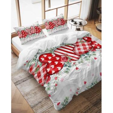 Imagem de Conjunto de capa de edredom de Dia dos Namorados Califórnia King Size Love Heart Rose Conjunto de 3 peças, folhas de eucalipto cinza xadrez conjunto de cama com fecho de zíper e 2 fronhas, capas de
