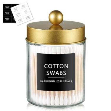 Imagem de SheeChung Suporte dispensador Qtip 1 peça, frascos de boticário de vidro com tampas e adesivos de aço inoxidável, recipiente de bancada para banheiro de hóspedes, conjunto organizador de armazenamento