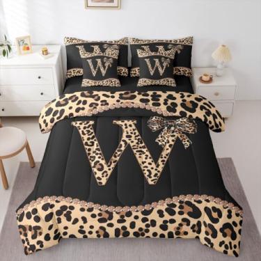 Imagem de Conjunto de edredom solteiro com laço de chita africana com lençol para mulheres, meninas e adultos - Conjunto de cama com letra do alfabeto W de 7 peças, estampa de leopardo em uma bolsa, moderno