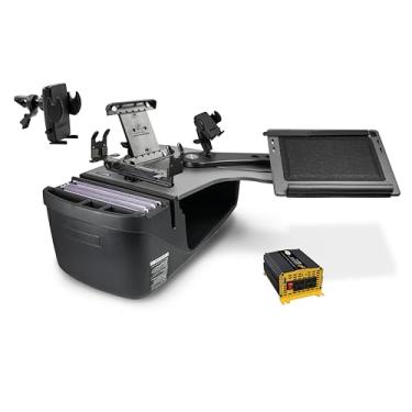 Imagem de Reach Banco traseiro de mesa cinza esquerdo com inversor de potência de 400 watts, suporte de impressora, suporte para celular, suporte para tablet e clipe de ventilação de telefone