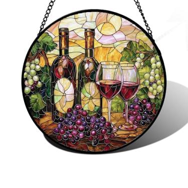 Imagem de DASTOLL Pendurado em vitrais, uvas e vinho, painel de vidro de diamante, para decoração de aniversário para mulheres, homens, esposa, tia e mãe, 30 x 30 cm