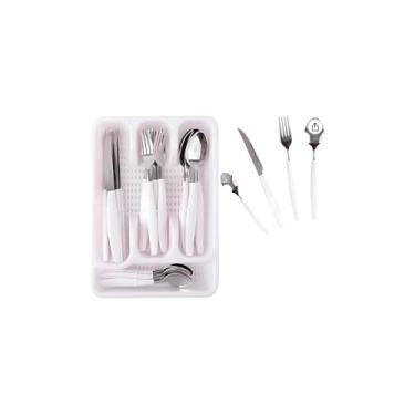 Imagem de Jogo de Talheres 25 Peças em Aço Inox, Faqueiro com Porta Talher, Conjunto com 6 Garfos, 6 Facas, 6 Colheres de Mesa, 6 Colheres de Sobremesa, Branco