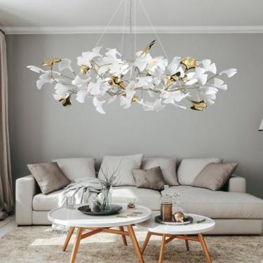Imagem de GREMLBUK Lustre de ramo moderno lustre de folha de ginkgo de cerâmica dourada L47 polegadas Lustre retangular de latão grande luminária suspensa de luxo para sala de estar, sala de jantar, cozinha
