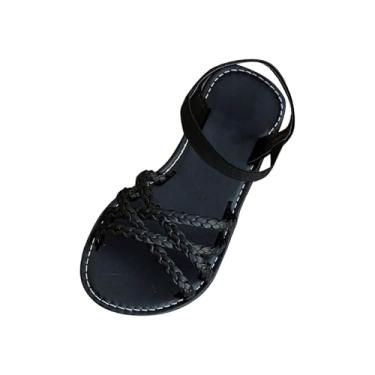Imagem de Sandálias rasteiras de praia com tira elástica aberta para mulheres verão casual, Preto, 39