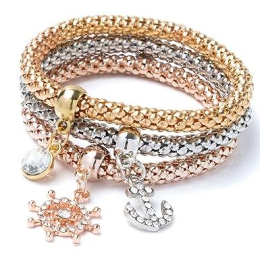 Imagem de Pulseiras multicamadas com pingentes de cristal - 3 peças de ouro/prata/ouro rosa pulseira de corrente de milho para mulheres, árvore da vida, pulseira elástica em forma de coração, One Size, Liga