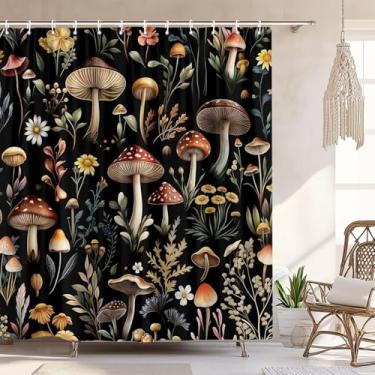 Imagem de Cortina de chuveiro vintage de cogumelo, Witchy Aesthetic Black Boho Floral Retro Botanical Conjunto de cortina de chuveiro botânica, planta silvestre escura, decoração de fazenda, acessórios de