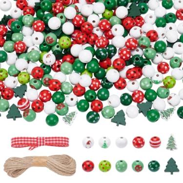 Imagem de UNICRAFTALE Cerca de 280 peças, 14 estilos de contas de madeira de Natal, vermelhas, verdes e brancas, contas de bolinhas coloridas de 16 mm com fitas guingão e barbante de juta para decoração de